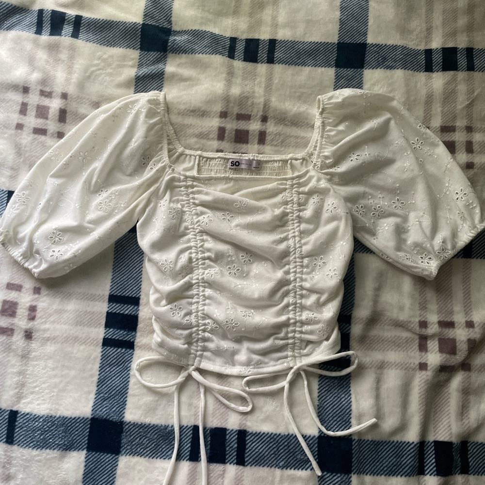 SO White Puff Sleeve Ruched Blouse